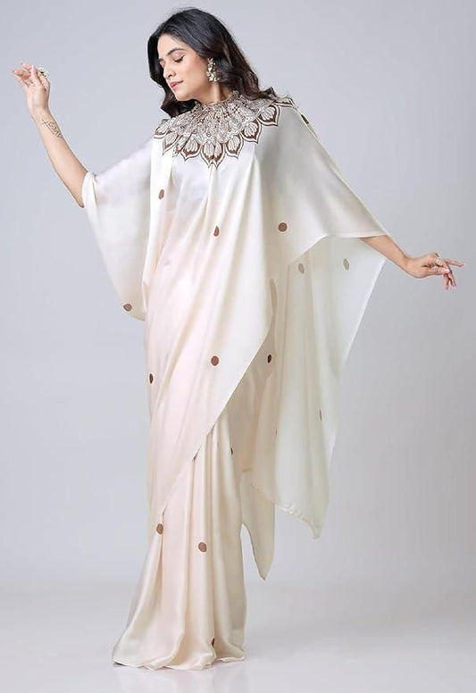 Satin Silk Printed Kaftan Saree With Unstitched Blouse